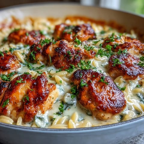 Fresh parsley and extra grated Parmesan are sprinkled over the finished One-Pot Creamy Garlic Parmesan Chicken Orzo.