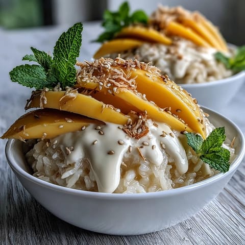 Vegan Mango Sticky Rice Breakfast Bowls served in a white bowl with golden mango pieces and toasted sesame seeds.