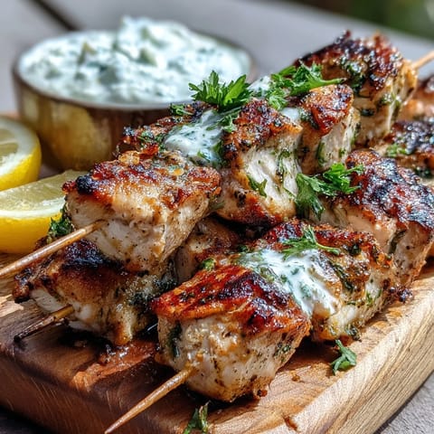 Freshly grilled Light Lemon Herb Chicken Skewers with Tzatziki and lemon wedges on a rustic serving board.