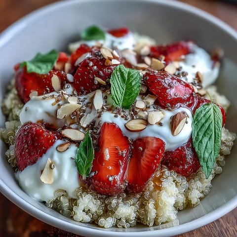 A vibrant Strawberry Basil Breakfast Quinoa Bowl with vegan honey drizzle, sliced almonds, and fresh basil garnish.