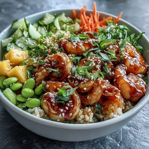 Succulent shrimp and sweet mango in a 20-Minute Shrimp Poke Bowl with Edamame, drizzled with zesty ginger-soy sauce.