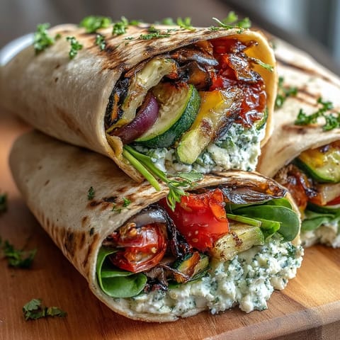 Close-up of Mediterranean Grilled Vegetable Wraps with Hummus and Feta, showing charred zucchini and peppers.