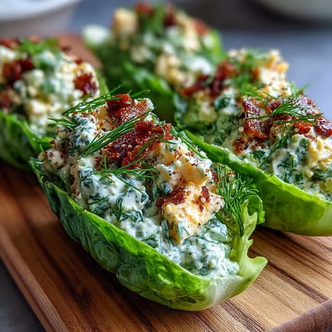 Keto Avocado Egg Salad Lettuce Boats with Everything Bagel Crunch - vibrant lettuce wraps filled with rich avocado egg salad, finished with a sprinkle of everything bagel seasoning for extra crunch and flavor.