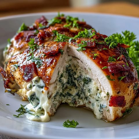 Juicy stuffed chicken breasts bursting with savory spinach, smoky bacon, and gooey mozzarella, finished with a fragrant garlic butter sauce in this keto-friendly dinner.