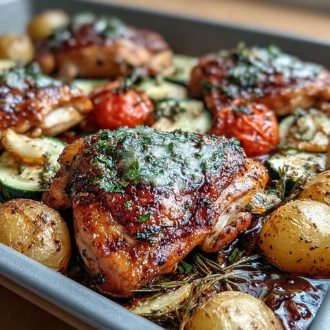 Golden roasted potatoes and zucchini pair with lemon-marinated chicken thighs in this easy Mediterranean sheet pan dinner recipe.  