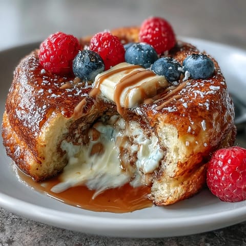 High-protein baked pancake bowl filled with Greek yogurt and vanilla protein powder, served warm in a ramekin.  