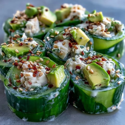 Fresh California Roll Cucumber Salad with avocado, crab, and sesame dressing in a vibrant bowl.