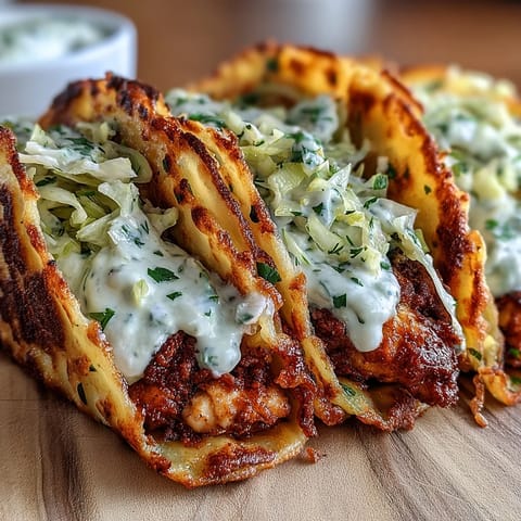 Juicy ground chicken tacos with ranch seasoning, dill pickles, and crunchy cabbage in crispy cheese-crusted tortillas.  