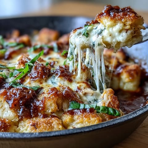 A bubbling skillet of chicken parmesan gnocchi with golden panko topping and melted mozzarella, perfect for cozy weeknight dinners.