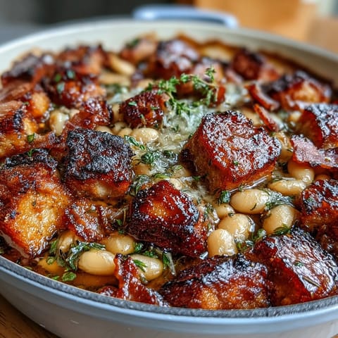 A rustic French cassoulet with tender white beans, smoky ham, and sausage baked to hearty perfection.  