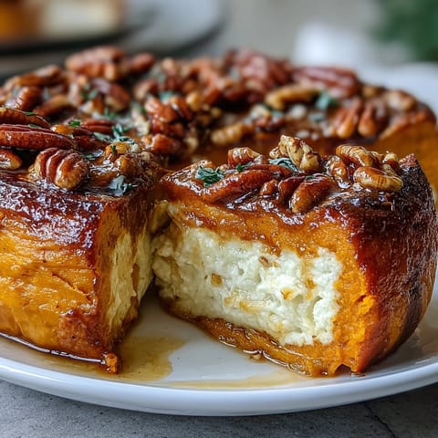 Golden candied yams soufflé with a light, airy texture and sweet candied pecan topping, perfect for Thanksgiving dinner.