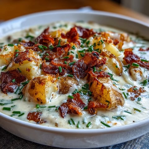 A comforting bowl of loaded baked potato soup, topped with sharp cheddar, smoky bacon, and green onions.  