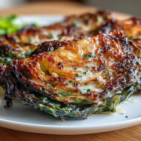 Golden-brown air fryer cabbage steaks with crispy edges, drizzled with rich garlic butter and fresh parsley.  