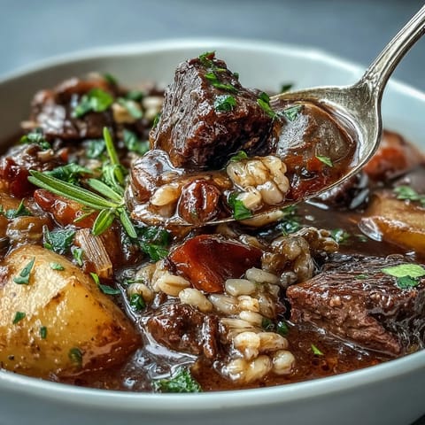 A rich and hearty One-Pot Guinness Beef and Barley Stew with tender beef, nutty barley, and root vegetables in a deep, savory broth.