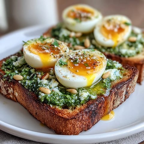 Spinach pesto sourdough toast with soft-boiled egg, vibrant green spread on golden sourdough, topped with a perfectly jammy egg and flaky sea salt.  