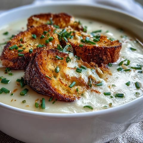 Creamy Leek and Potato Soup with Sourdough Croutons in a white bowl, garnished with fresh chives and golden croutons on top.