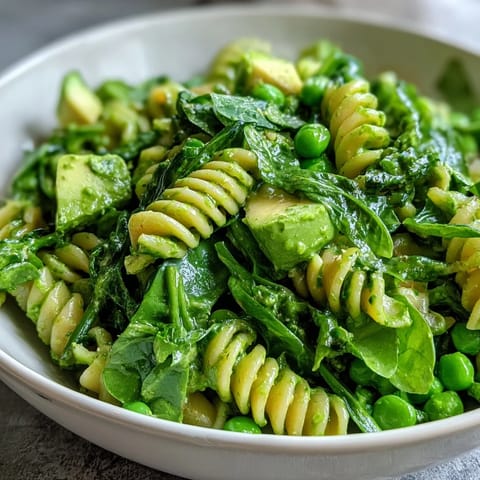 Spring Green Goddess Pasta Salad with Peas and Herbs in a creamy green dressing, garnished with toasted pine nuts and fresh herbs.  