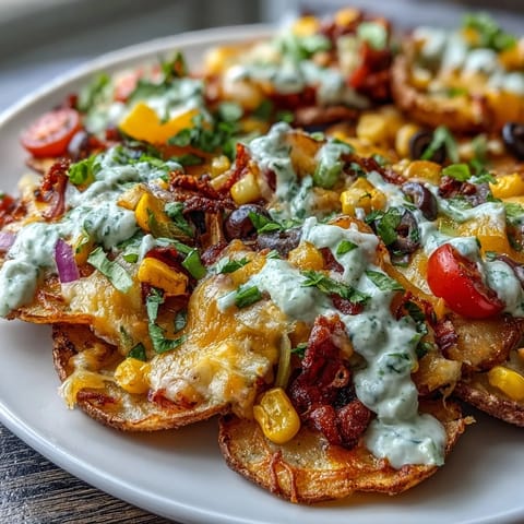 Vibrant rainbow veggie Irish nachos with crispy potato rounds, melted cheese, and fresh toppings, served with creamy Greek yogurt ranch.