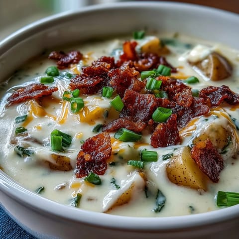 Creamy St. Patricks Day loaded baked potato soup with crispy bacon, green onions, and cheddar in a hearty bowl.