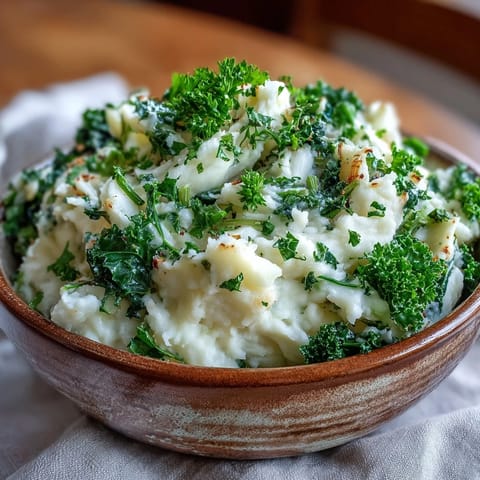 Creamy Irish colcannon mashed potatoes with leeks and crispy kale, served in a rustic bowl for a comforting vegetarian side dish.