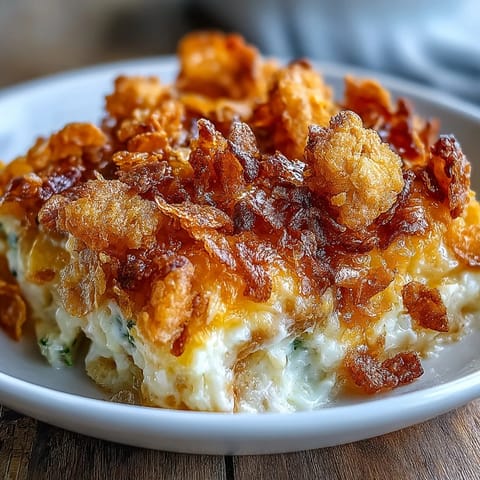 Hearty funeral potatoes casserole with creamy cheese sauce and crispy cornflake topping, perfect for family gatherings.