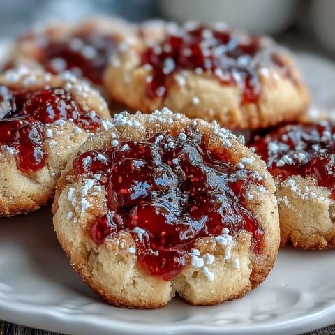 Strawberry jam-filled thumbprint cookies on a rustic wooden table, golden edges and vibrant red centers perfect for summer picnics.