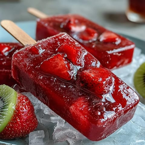 Strawberry Daiquiri Popsicles with vibrant fresh fruit chunks and a splash of rum, perfect for summer parties and poolside enjoyment.