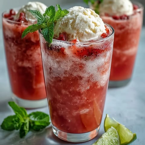 Two glasses filled with strawberry daiquiri floats topped with vanilla ice cream, mint, and lime, served with straws for a refreshing treat.