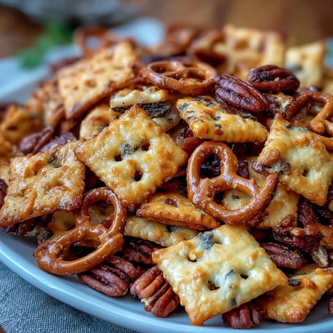 Crunchy sourdough Cheez-Its snack mix with roasted nuts and pretzels, perfect for savory party platters and game day munching.