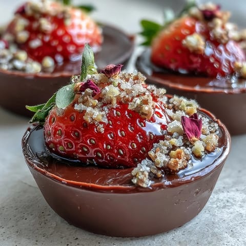 Elegant Middle Eastern dessert cups featuring silky chocolate, juicy strawberries, and a golden caramelized pistachio crunch.  