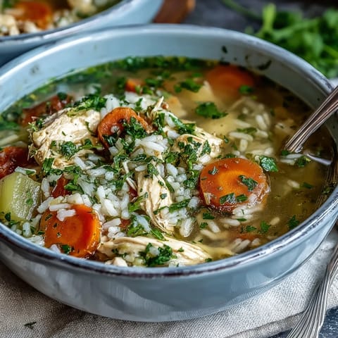 One-pot healthy chicken and rice soup with tender chicken, vegetables, and rice simmering in a savory broth.