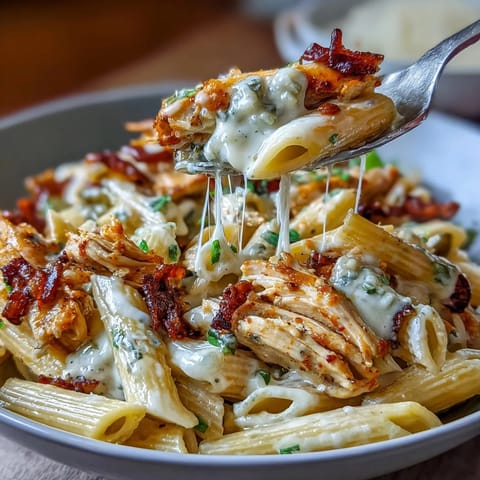 Creamy Crockpot Mississippi Chicken Pasta with tender shredded chicken in a tangy pepperoncini sauce, slow-cooked to perfection for a comforting meal.