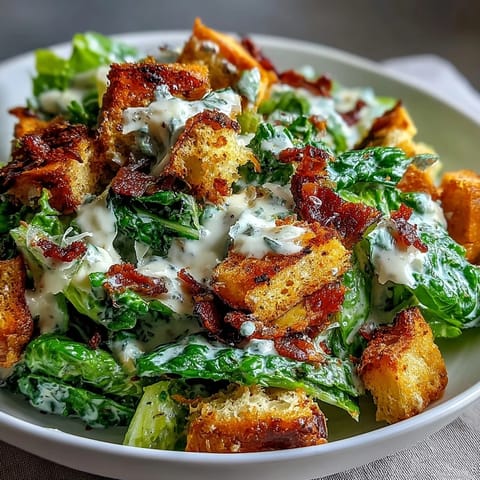 A vibrant Celery Caesar Salad with crunchy croutons and Parmesan, featuring crisp celery and romaine in a creamy dressing.