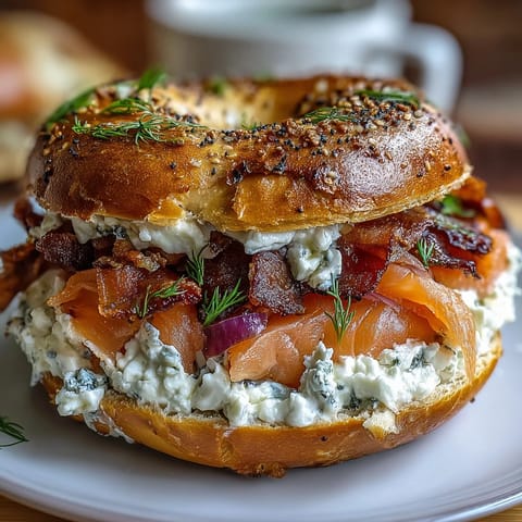 Cottage cheese bagels topped with smoked salmon, cream cheese, and fresh dill for a protein-rich brunch.  