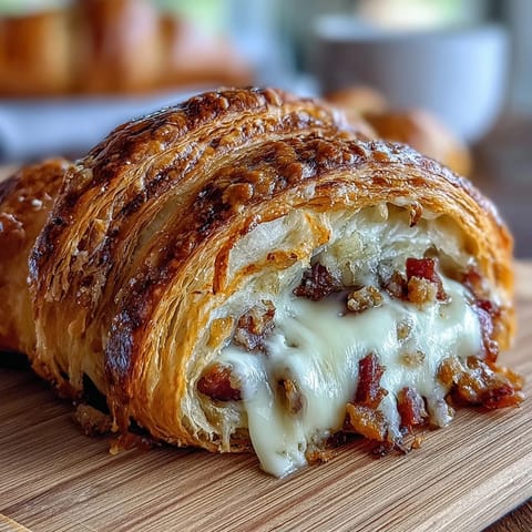 Savory Ham & Swiss Croissant Bake with golden, buttery layers and melty cheese, perfect for a cozy family dinner.