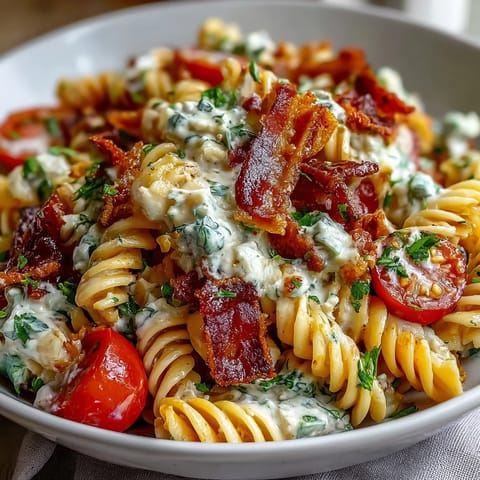 BLT Pasta Salad with Bacon and Avocado in a creamy dressing, garnished with crispy bacon and fresh herbs.