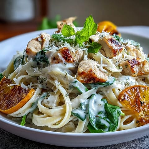 Creamy Lemon Orzo with Chicken and Spinach, a comforting Mediterranean-inspired dish topped with fresh parsley and Parmesan.  