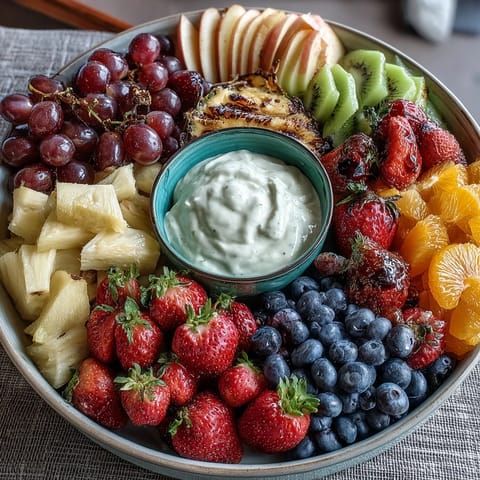 Vibrant Spring Fruit Table Platter with Dipping Yogurt Sauce, perfect for brunches or gatherings