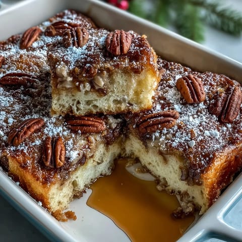 Fluffy pancake casserole baked golden with maple syrup swirls and crunchy pecans, perfect for a cozy American breakfast.
