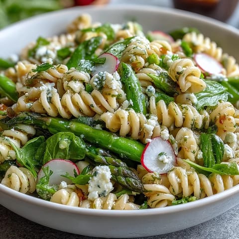 Bright spring pasta salad with lemon vinaigrette and crisp radishes, bursting with fresh seasonal vegetables and tangy citrus dressing.