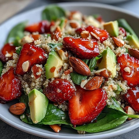 Vibrant strawberry avocado quinoa salad with juicy berries, creamy avocado, and zesty citrus dressing in a white bowl.
