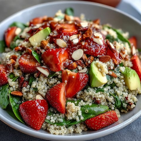 Refreshing strawberry avocado quinoa salad with fresh basil, toasted almonds, and tangy lemon-honey dressing for a healthy lunch.