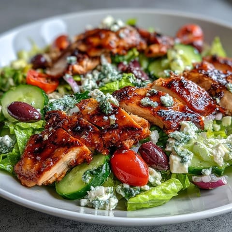 Greek Salad Bowl with Grilled Chicken topped with feta and Kalamata olives, served on a bed of crisp Romaine lettuce.