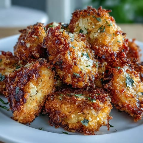 Golden-brown Asiago Panko Chicken Bites fresh from the oven on a baking sheet.