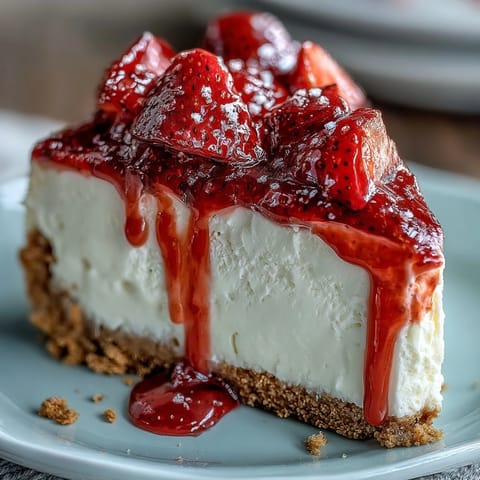 A creamy no-bake strawberry cheesecake with a buttery graham cracker crust and fresh berry topping, perfect for summer gatherings.  
