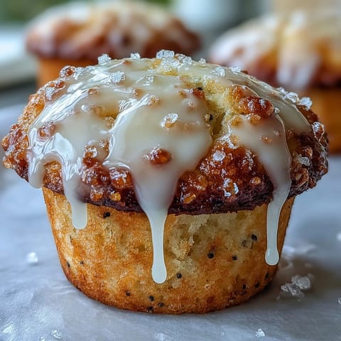 Fluffy lemon poppy seed muffins with a golden crust, crunchy sugar topping, and tangy lemon glaze, perfect for breakfast or brunch.  