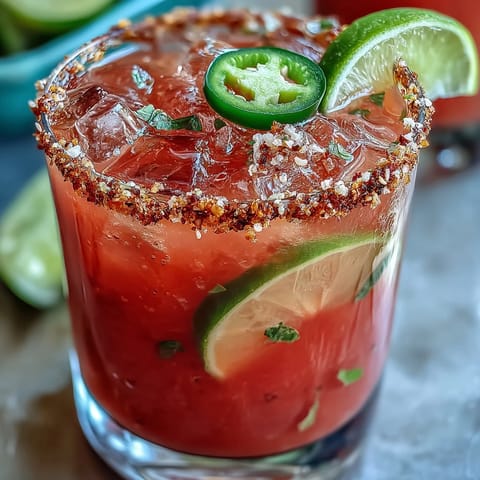Vibrant watermelon jalapeño margarita mocktail with fresh lime and a hint of spice, served over ice in a salt-rimmed glass.