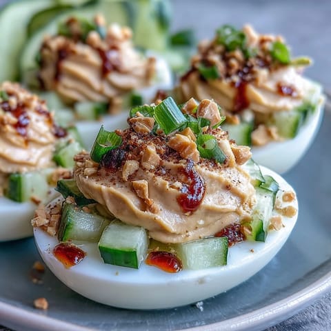 Thai Peanut Deviled Eggs with Cucumber Relish: Creamy deviled eggs filled with spicy peanut sauce and topped with a fresh cucumber relish.  