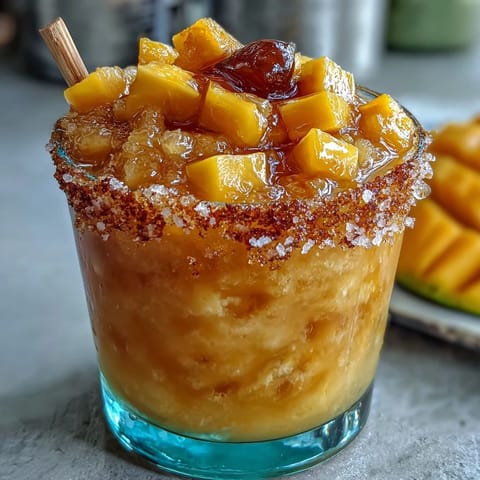Vibrant Cinco de Mayo Mangonada mocktail with frozen mango, tangy chamoy, and Tajín rim for a festive, refreshing drink.