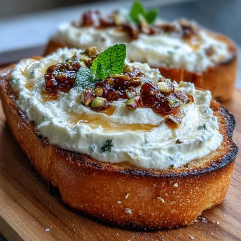 Whipped ricotta bruschetta with honey and pistachios on golden toasted bread.  